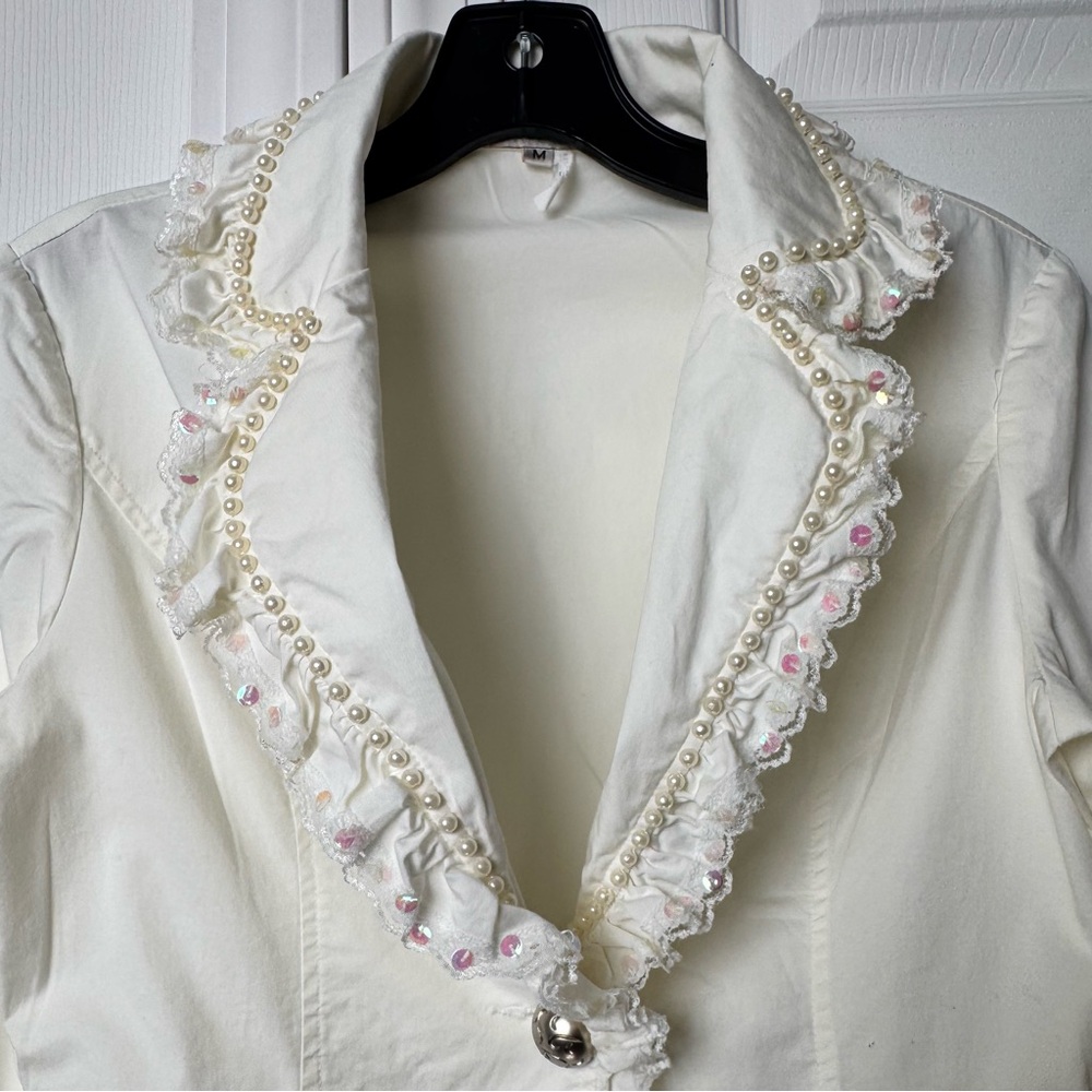 Kelly USA Vintage Ivory Pearl Trim Ruffle Blazer Cottagecore Jacket Size Medium - Picture 12 of 13